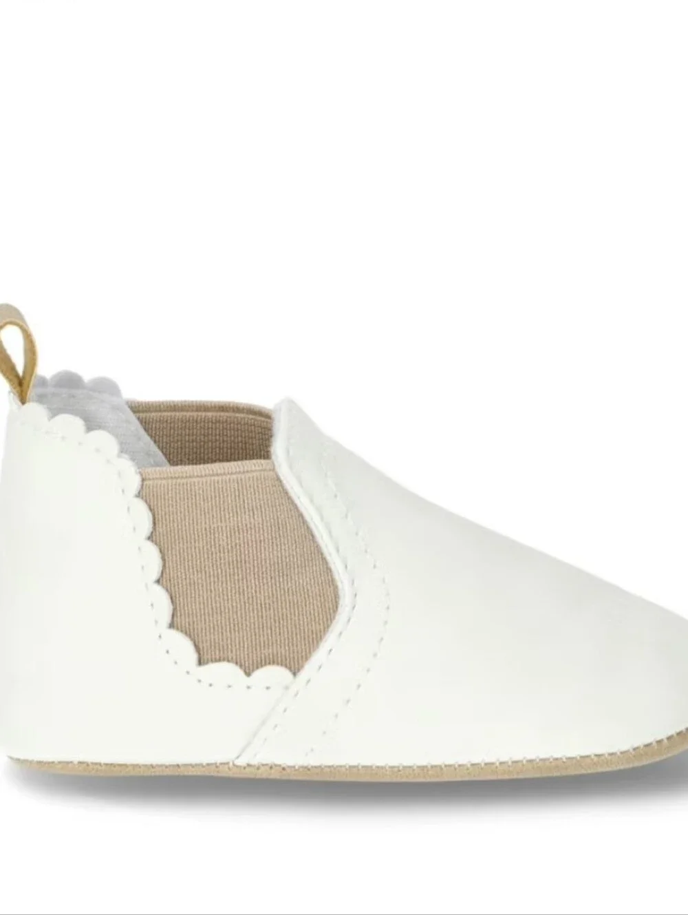 Baby Slip-On Scalloped Ankle Shoes in White and Tan